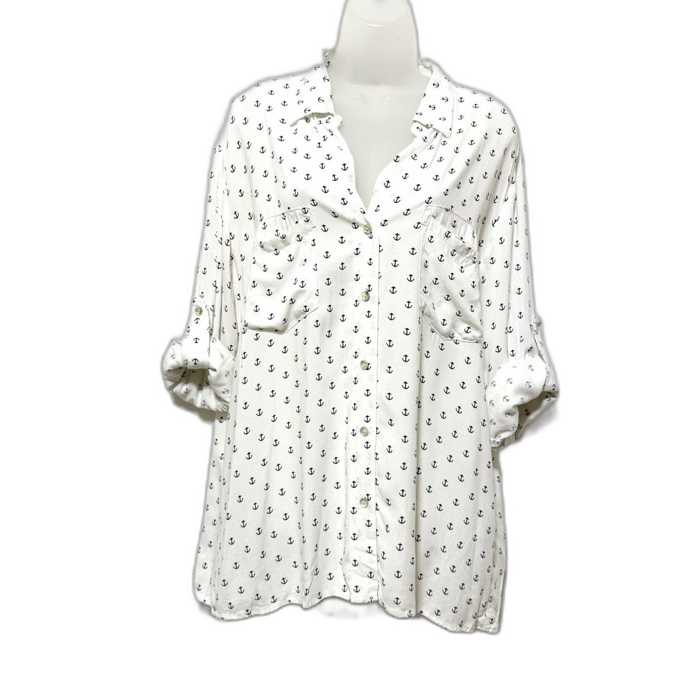 Just Living Women Large Anchor Print Rayon Button Down Shirt Roll Tab Sleeve